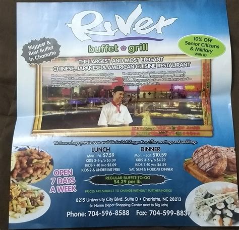 River buffet - Little River, SC 29566. info@mamajeanshomecooking.com. Tel: 843-249-5533. OPENING HOURS. Monday – Friday 6:00AM – 2:00PM. Saturday - Sunday 6:00AM – 2:00PM. Get Directions. Home Cooking Like Yo Mama's Since 1994 A family run restaurant inspired by the cooking of the South and the Lowcountry. Cafeteria Style lunch during week and All …